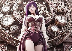 From a quiet steampunk inner to a grand mechanical world, the purple haired gal embarks on an elegant trip surrounded by gears and pocket watches. Clo