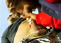 Nasty brunette hair is sucking his dong outdoor on the porch, previous to letting him screw her bubble booty and cumming on her bazookas.