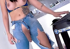 Big Boobs Teen Shemale In Ripped Jeans Strokes Her Cock