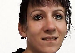 Pierced brunette hair doxy with some hot tattoos rubs and fingers her soaked vagina at the casting.