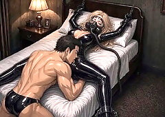 Vicky & Duck: Shiny Latex Catsuit, Gas Mask Breath Control, Bound Rubber Doll Orgasms