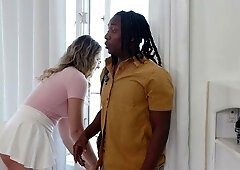 Pussy eating while mom knocks at bedroom door