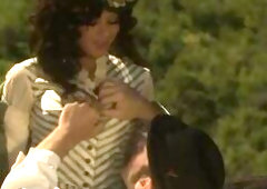 Carriage Sex in the Wild West - Hairy Brunette hair in a Corset Rides Shlong