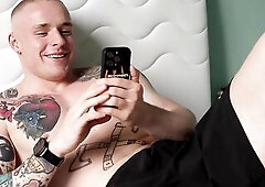 Tattooed Sam Garro is relaxing on the couch in ebony shorts, chatting on episode call with his hawt girlfriend Ashby Winter. Ashby, looking breathtaki