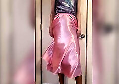 lengthy pink liquid satin petticoat with multiple satin slides with glossy shiny hose. Satin layers.