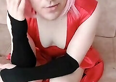 Pretty White Boy into Femininity With Red Dress
