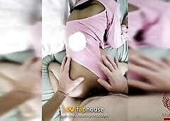 Vietnamese ladyboy in pink bunny dress, fingers in booty, shivers at touch. Booty to throat, fellatio, deepthroat. Meta glasses. Pantera 53 comes into