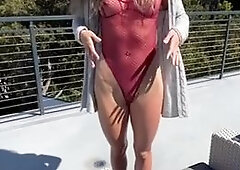 Bryce Adams Rides Dick Outdoors In A Red Bodysuit