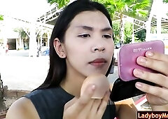 Amateur Thai ladyboy Janny applies make up in public park and decided to visit a bath there. Turned on Janny jerks off in public biffy cabine!