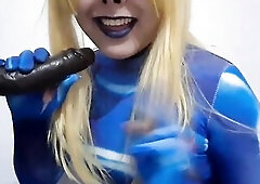 Cute Trans Samus with S&M Nosehook giving a Sloppy Oral-job to BBC Sex-toy, Deepthroat, Facial Bang and Eating Goo