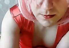 Red Long Dressed Pretty White Femboy