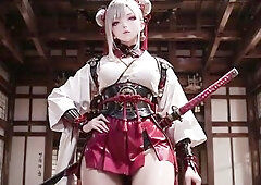 The Red & White Kimono Warrior has arrived! In a Zen inspired traditional room, a silver haired angel in a modified battle kimono kneels on soft t