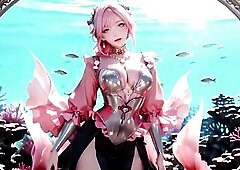 As the pink-haired mermaid queen descends, the unfathomable-sea fantasy awakens! Clothed in ethereal dream attire, this babe moves from a serene gaze 