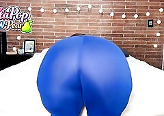 Large big beautiful woman leaning on the couch shoving her biggest overweight ass towards the camera in super taut leggings. That biggest booty jiggli