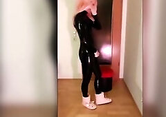 Cutest Sissy Maid shows her recent skintight shiny latex catsuit and cums on it